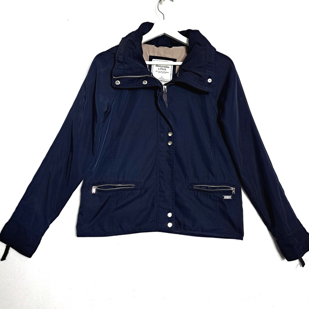 Abercrombie Fitch Jacket Womens Small Navy Blue‎ Hidden Hood Windbreaker Utility